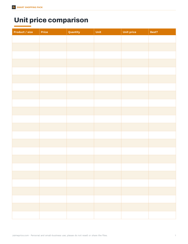Preview of Printable Unit Price Comparison Worksheet