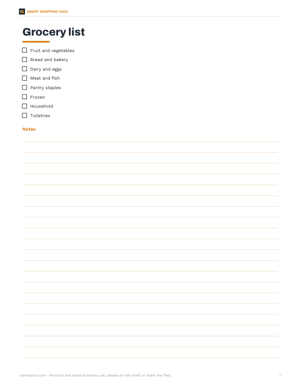 Preview of Printable Grocery List